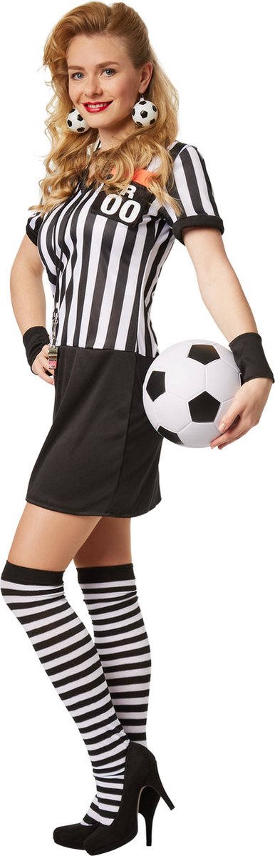 Dressforfun - Costume d'arbitre pour femmes - Costume avec robe extensible, bandeaux noirs et chaussettes à lacets pour les genoux - Taille M