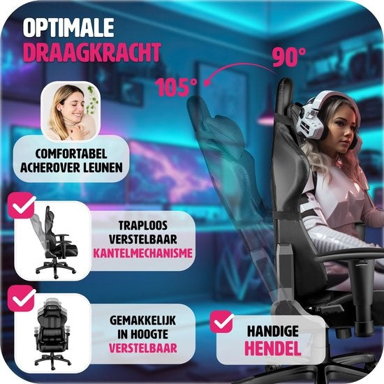 tectake® - bureaustoel gamingchair - luxe burostoel kantoorstoel - racingstoel burostoel gamestoel - zwart - kunstleer - verstelbaar - incl. rug- en nekkussen
