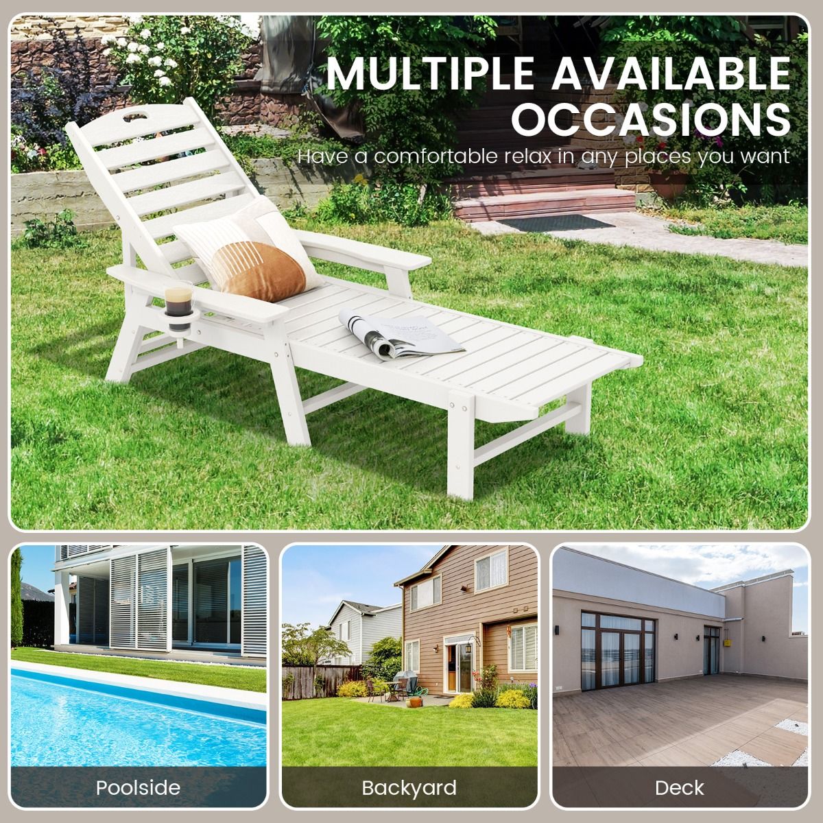 Chaise longue de jardin Coast - Dossier réglable sur 4 positions - Porte-gobelet pivotant - Blanc