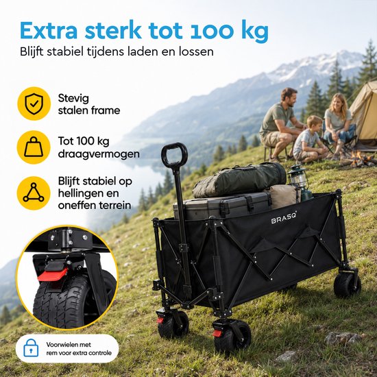 Chariot pliable BRASQ - 165 litres - Capacité de charge de 100 kg - Roues pivotantes avec frein - 90 x 52 x 110 cm - Poignée réglable - Chariot pliable - Noir