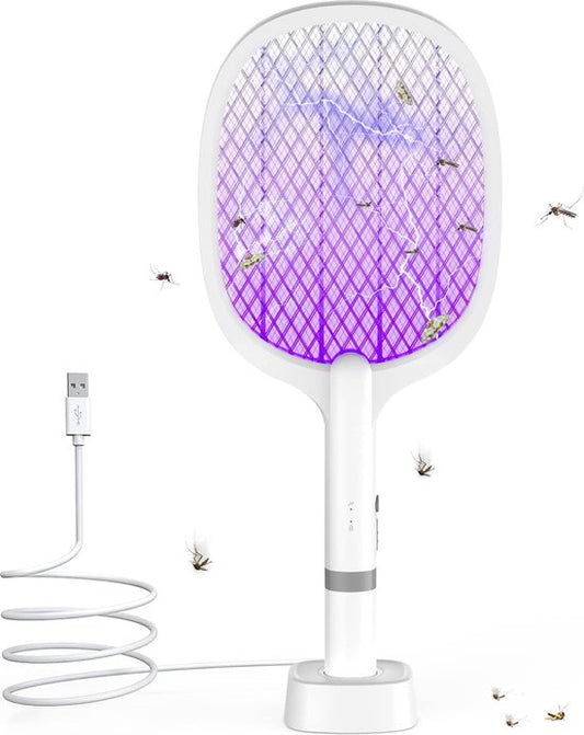 Tapette à mouches électrique 5000V 2 en 1 avec base de chargement USB C - Attrape-mouches, tue-moustiques, mouches, abeilles, papillons de nuit