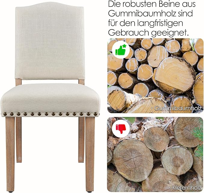 Yaheetech - Lot de 2 chaises de salle à manger rembourrées avec pieds en bois - Beige - Poids max. : 136 kg