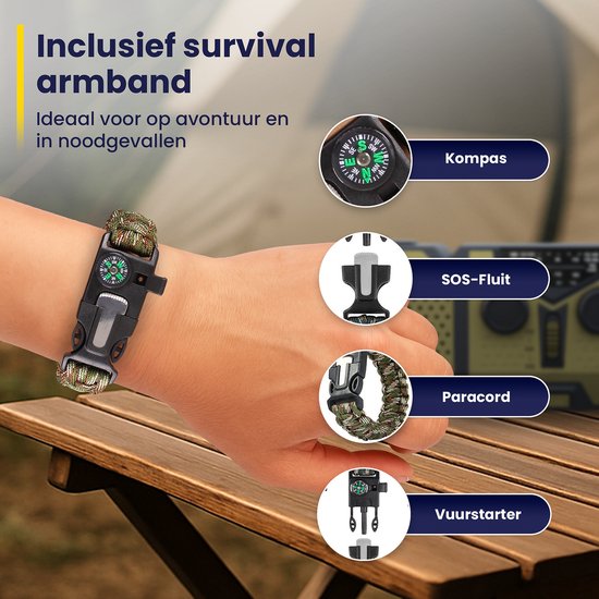 ODESSEY Radio d'urgence solaire rembobinable - 2000 mAh Powerbank - Lampe de poche - Radio portable - Kit d'urgence