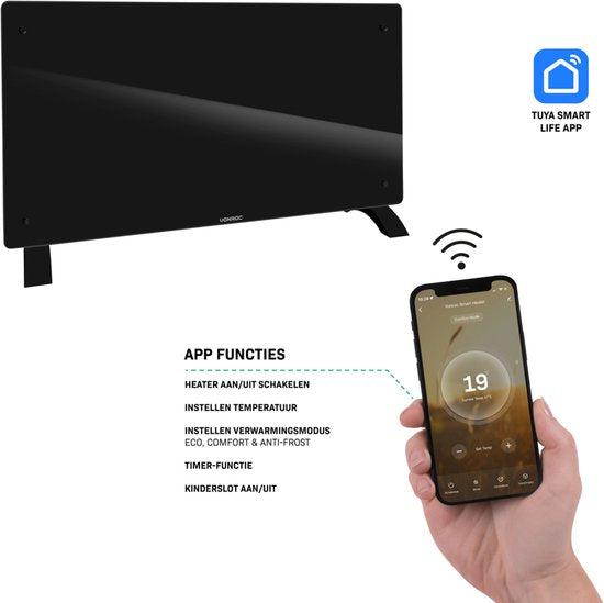 VONROC Chauffage électrique de luxe - Convecteur avec panneau en verre - 1250W/2500W- Chauffe les pièces jusqu'à 30m2 - Contrôlé par l'application (via Wifi) et manuellement - Thermostat et minuterie réglables - Noir
