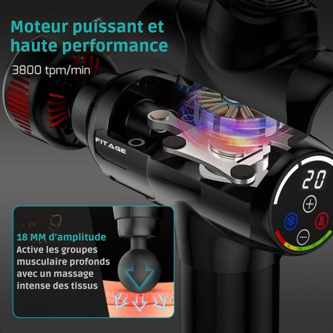 Pistolet de massage chaud et froid  FITAGE - 8 accessoires - 20 positions - Noir