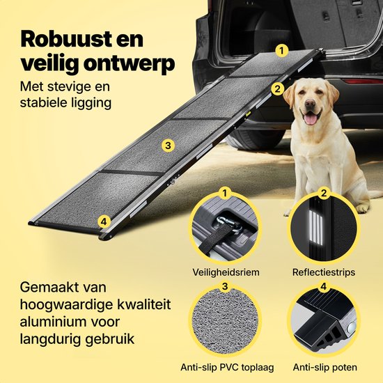 Jake et Jacky : Rampe d'accès pour chien - Escalier pliable pour chien - Rampe antidérapante pour grands chiens - Pliable - Réfléchissante - 180 x 55 cm - Poids maximal : 70 kg