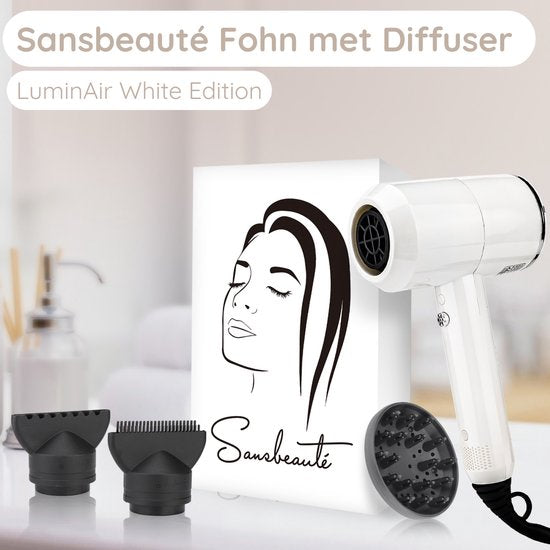 Sansbeauté® Hair Dryer with Diffuser - Ionic Hair Dryer - Brush - Travel Hair Dryer - 3 Attachments - Curls - Coolshot - 3 Stages - Hair Dryer with Diffuser - Hair Dryer - 2000W - White