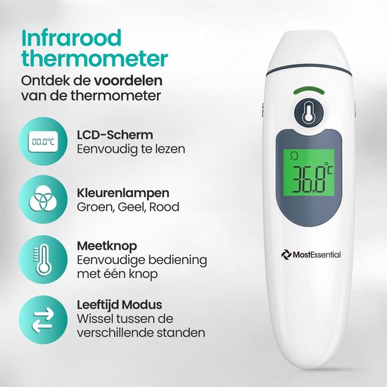 MostEssential Thermomètre digital de fièvre 2-en-1 - Thermomètre auriculaire - Thermomètre frontal et corporel - Thermomètre de fièvre pour adultes, enfants et bébés - Sans contact - IR30
