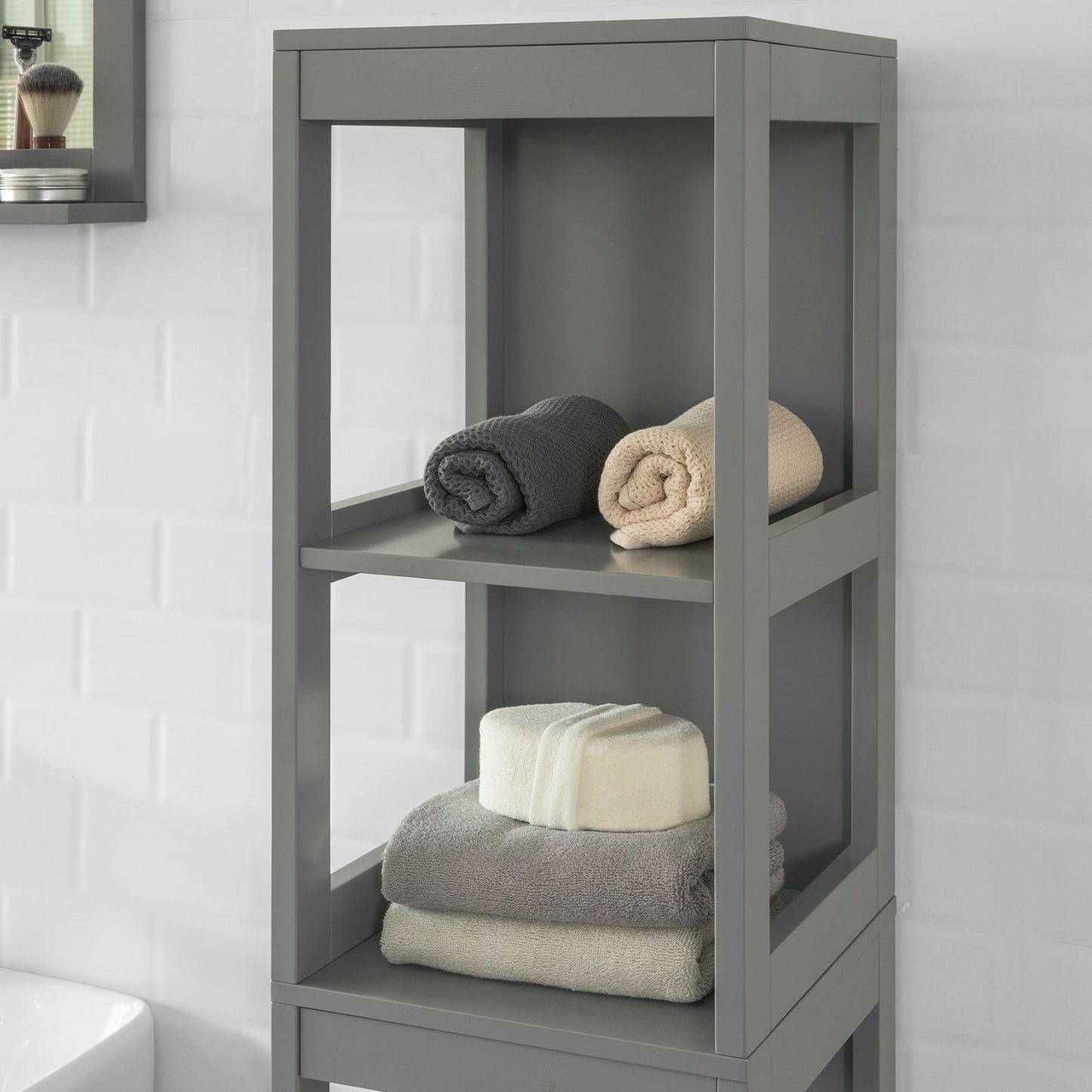 SoBuy Meuble de salle de bain haut avec repose-pieds - 2 tiroirs - Gris - 30x30x145cm