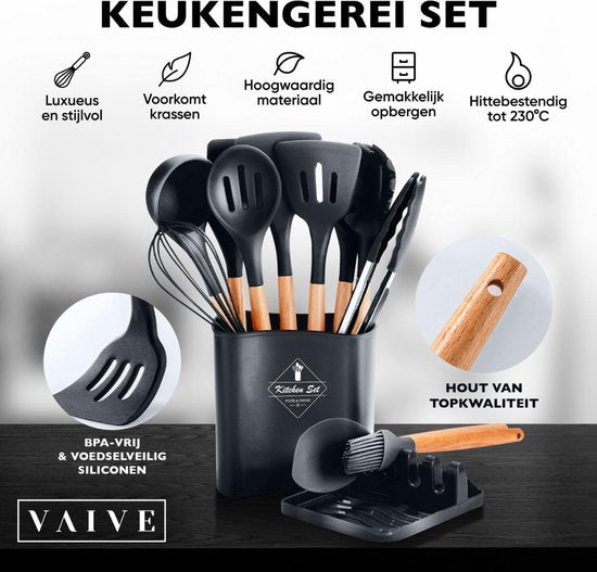 VAIVE Batterie de cuisine 13 pièces avec support - Batterie de cuisine - Fouet - Spatule Silicone