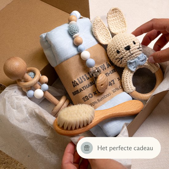 Cadeau Nid d'Amour Garçon / Fille - Cadeau Bébé Babyshower - Anneau de dentition, ficelle de sucette et tissu de sucette - Panier Cadeau avec Cadeaux Nouveau-né