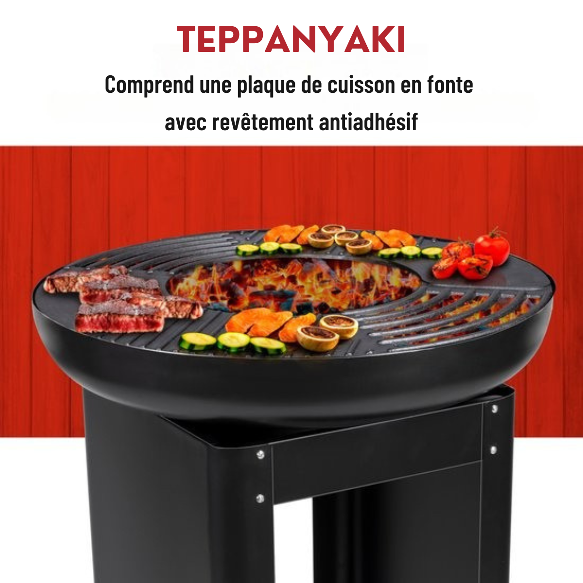 Barbecue 3 en 1 BBQ Collection – Brasero, Plaque Grill, Plaque Teppanyaki – Stockage Bois - 61 x 90 - Noir Acier inoxydable