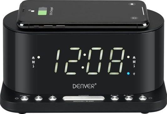 Denver Radio-réveil avec chargeur sans fil - Double réveil et variateur - Réveil numérique - Radio FM - USB - CRQ110 - Noir