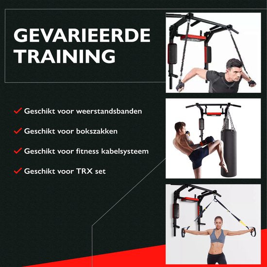 Zoluko Professional Dip & Pull Up Bar Wall Mount - Capacité de charge de 200kg - Dip Station - Including E-book - Easy Mounting - 2 in 1 Pull Up Station and Dip Station for Home Sports - Pull Up Bar Fitness - Dip Bars - Chin Up Bar - Black/Red