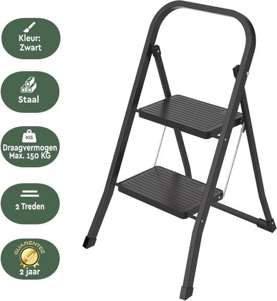 BRASQ Escabeau ménager 2 marches noir - échelle de cuisine pliable en métal pour usage privé et professionnel - Escabeau - Antidérapant
