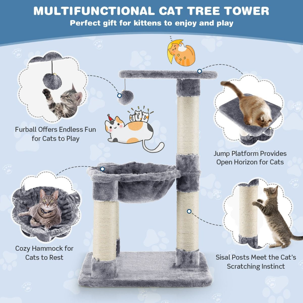 Coast Multi -Storey Scratching Post Arbre à chat avec un hamac confortable gris