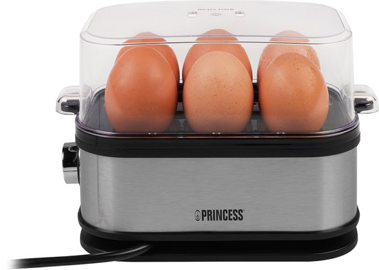 Cuiseur à œufs Princess 262046 – pour 1 à 6 œufs – 400 W – acier inoxydable – cuisson dure, molle et moyenne – minuterie – avec gobelet doseur et pic à œufs
