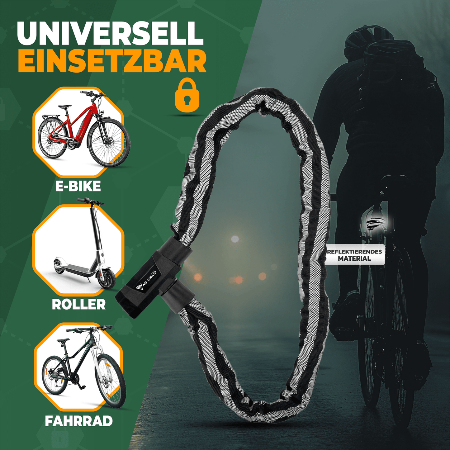 MIVELO Cadenas pour vélos - Avec serrure à clé et LED - 100 CM - acier inoxydable