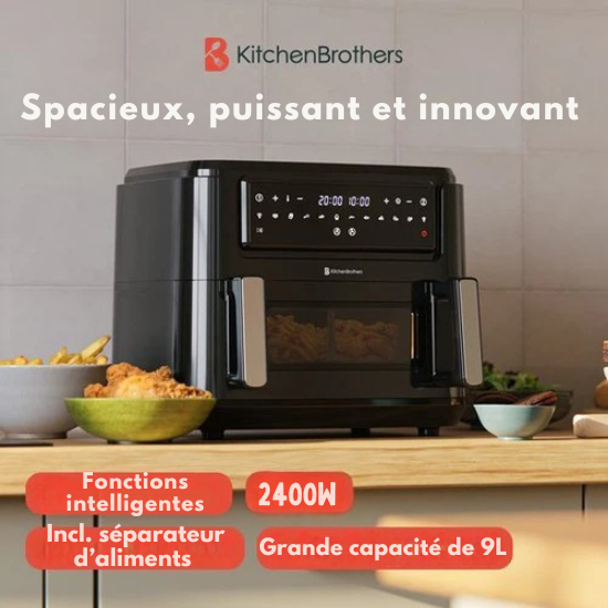 Airfryer XXL - KitchenBrothers - 9L - 2400W - Séparateur Snack - 10 Programmes de cuisson - 50ºC à 200ºC - Noir