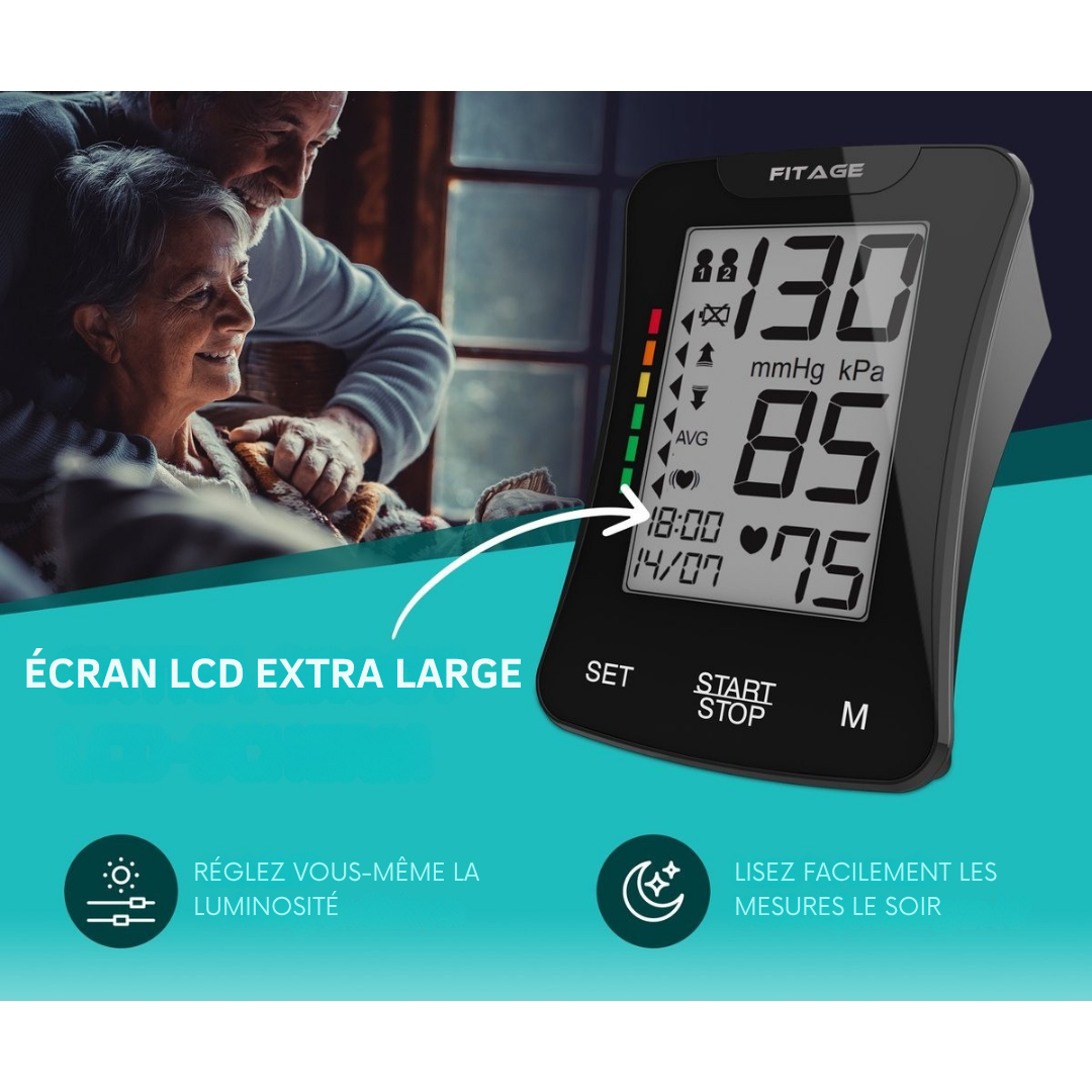 FITAGE - Tensiomètre médical - Moniteur de Pression Artérielle - Fréquence Cardiaque - Brassard 22 à 42cm - Noir