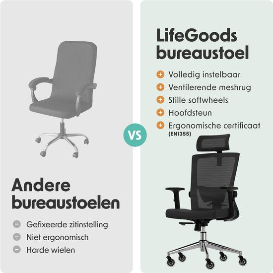 LifeGoods Chaise de bureau ergonomique - avec roulettes anti-rayures supplémentaires - Chaise de bureau - certifiée NEN et SGS - Adultes - Appui-tête - Noir/Chrome