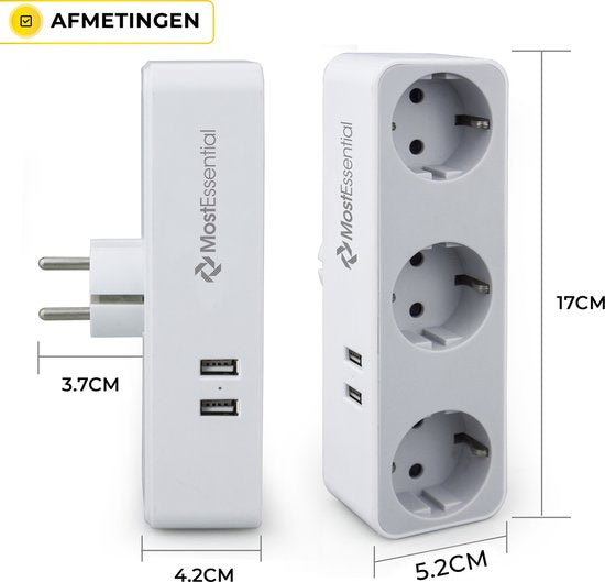 Multiprise MostEssential Premium 5-en-1 - Multiprise - 3 prises électriques et 2 ports USB - Horizontale - Blanche