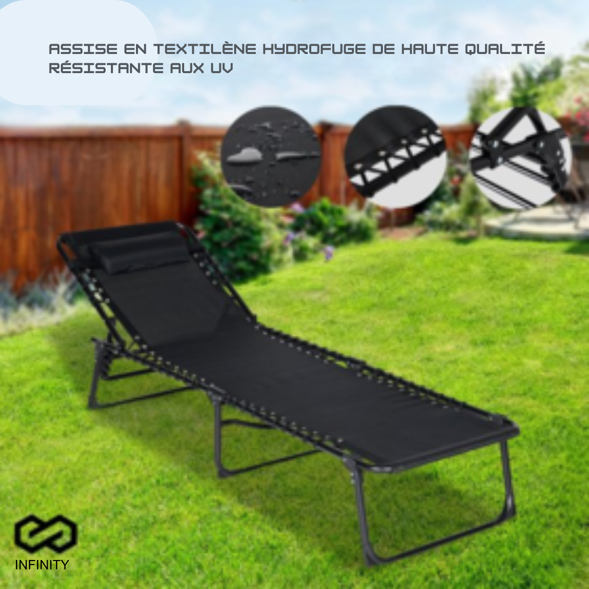 Chaise longue Infinity Goods  - Pliable et réglable - Max 120kg - 190 x 55 x 30 cm - Anthracite