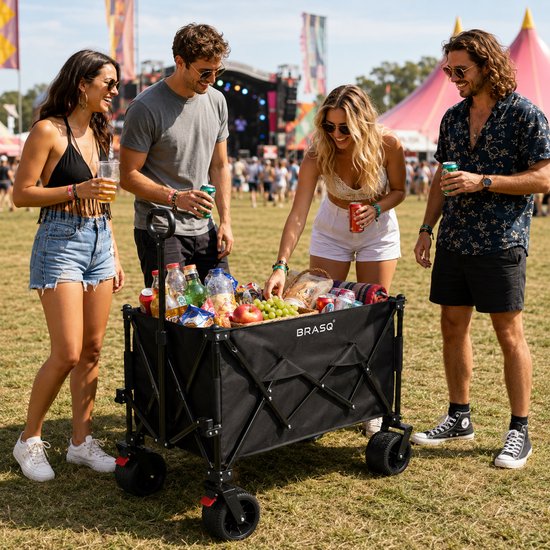 Chariot pliable BRASQ - 165 litres - Capacité de charge de 100 kg - Roues pivotantes avec frein - 90 x 52 x 110 cm - Poignée réglable - Chariot pliable - Noir