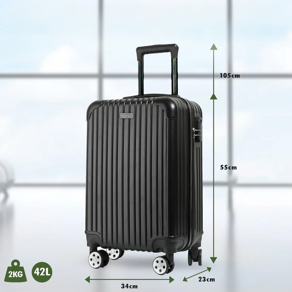 Travelhawk Hand Luggage Suitcase - 42L | 55 cm | TSA Lock & 360° Wheels | Lightweight & Strong (Black)