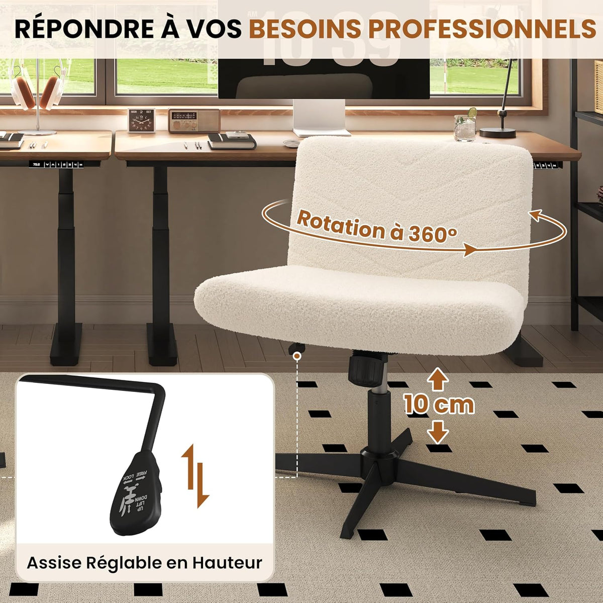 Chaise de bureau ergonomique Yaheetech - Ivoire - Bouclé - Hauteur d'assise réglable - Rotation à 360° - Piètement en croix