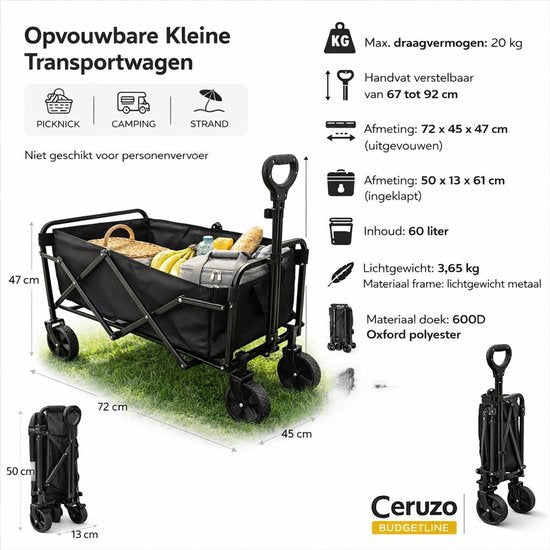 Ceruzo Chariot de plage 60 L – Pliable – Chariot de transport – Camping, plage – 20 kg max.