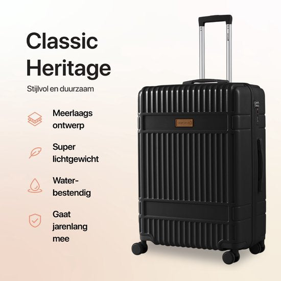 SKYCASES Classic Heritage - Grande valise de voyage - Serrure TSA - 76x52x30 cm - 100L - Valise roulante XL - Roues silencieuses à 360° - Légère - Trolley - Noir
