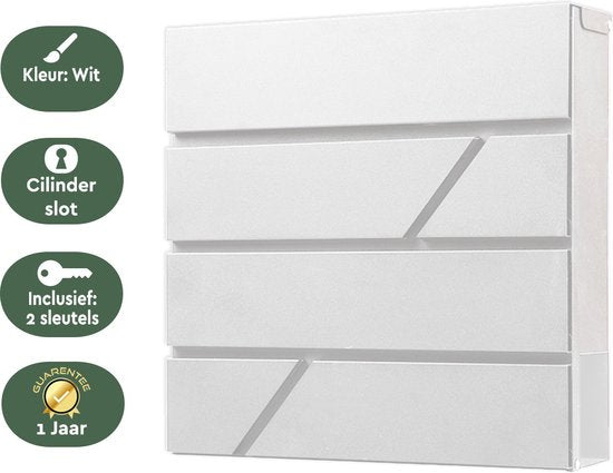 BRASQ Letterbox Hanging White Deluxe - Boîte aux lettres murale avec serrure et compartiment à journaux - avec matériel de montage et 2 clés - Boîte aux lettres - boîte postale - boîte à lettres - acier inoxydable