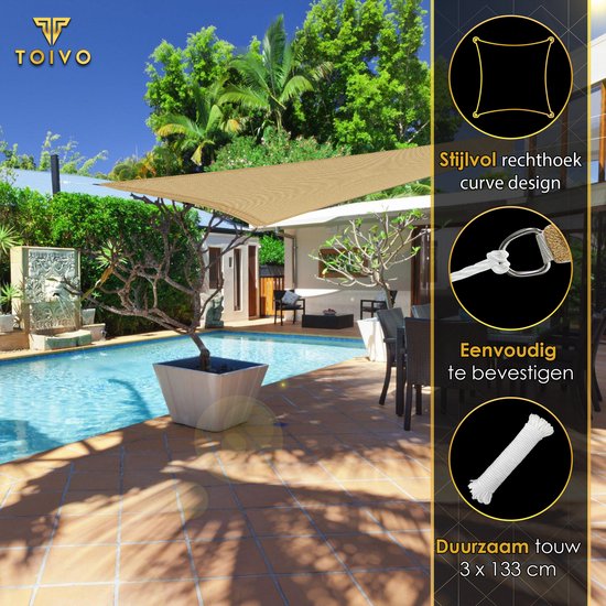 Toivo Toile d'ombrage Rectangle 3 x 4 Mètres - Crème - Matière HDPE - Corde et mousqueton inclus - Toile d'ombrage - Filet d'ombrage - Pare-soleil