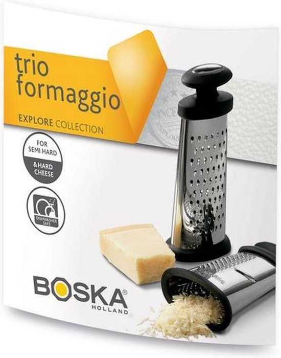 Boska Trio Formaggio - Râpe de table avec 3 méthodes de râpage - Multifonctionnelle - Argent/Noir