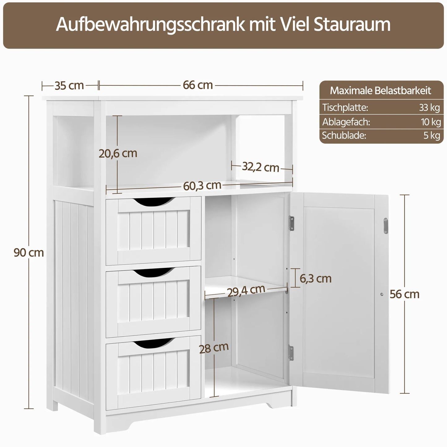 Yaheetech Armoire de salle de bain avec 3 tiroirs - Comprend une étagère réglable et un rangement ouvert ainsi que des accessoires en métal - Pour la salle de bain, le salon et la chambre - Mdf blanc et métal - 66 x 35 x 90 cm