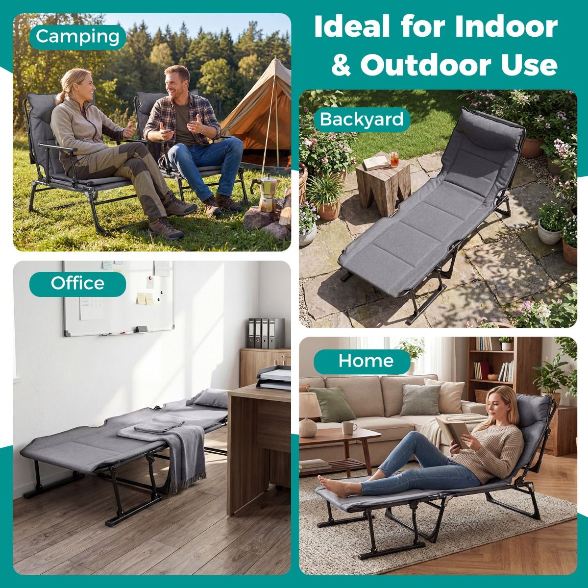 Lit de camping pliable Coast 3-en-1 - dossier réglable - appui-tête - gris et noir