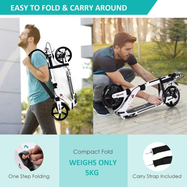 Trottinette pliable Coast avec sonnette et sangle de transport - Réglable en hauteur - Blanc