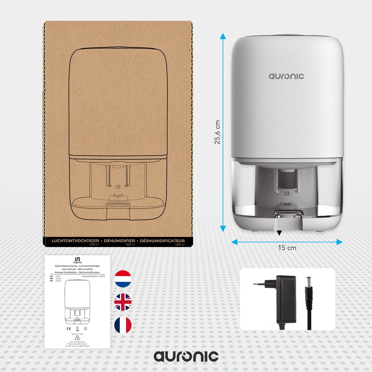 Déshumidificateur - Auronic - Jusqu'à 450ml par jour - LED - Convient salon, chambre et salle de bain - Blanc