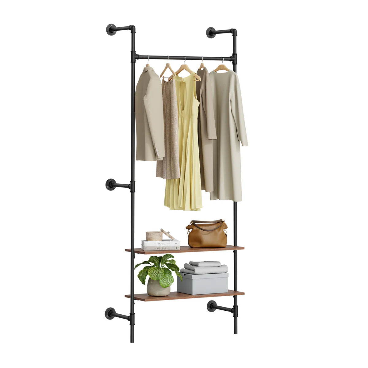 SoBuy KLS20-SCH : porte-vêtements mural compact avec 2 étagères en MDF - Noir industriel - 91,5 x 48 x 220 cm