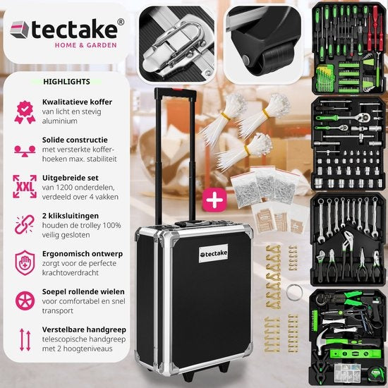 tectake® tool case, tool set, tool case filled 1200-piece, tool trolley, 4-level tool box, aluminium case with wheels and telescopic handle - black