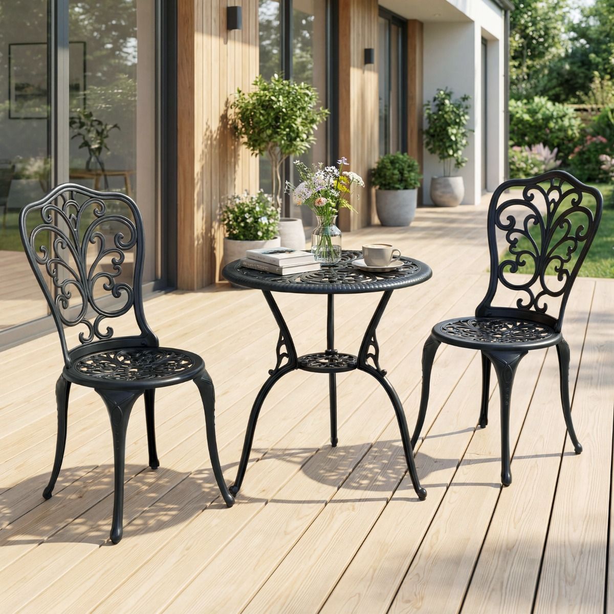Ensemble de bistrot Coast 3 pièces - aluminium moulé - trou pour parasol - dossiers en forme de papillon - noir