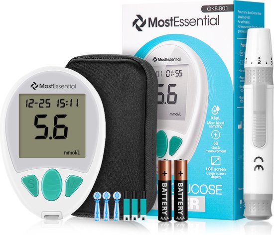 Glucomètre MostEssential - Lecteur de Glycémie Rapide – Résultat en 5s – Mémoire 512 Mesures – Kit Complet