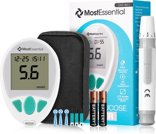 Glucomètre MostEssential - Lecteur de Glycémie Rapide – Résultat en 5s – Mémoire 512 Mesures – Kit Complet