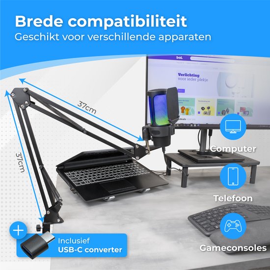 Nuvance - Microphone USB avec bras - pour PC et microphone de jeu - avec filtre anti-bruit - Convertisseur USB-C inclus - Microphone de streaming - RGB