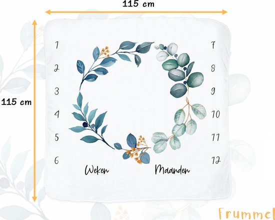 Frummel Milestone blanket 'Leaves' - Milestone blanket - Milestone baby - Baby Gift Boy - Baby Gift Girl - Baby Shower Gift - Baby Gift - Milestone blanket in Dutch - Mother's Day gift - 115 x 115 cm
