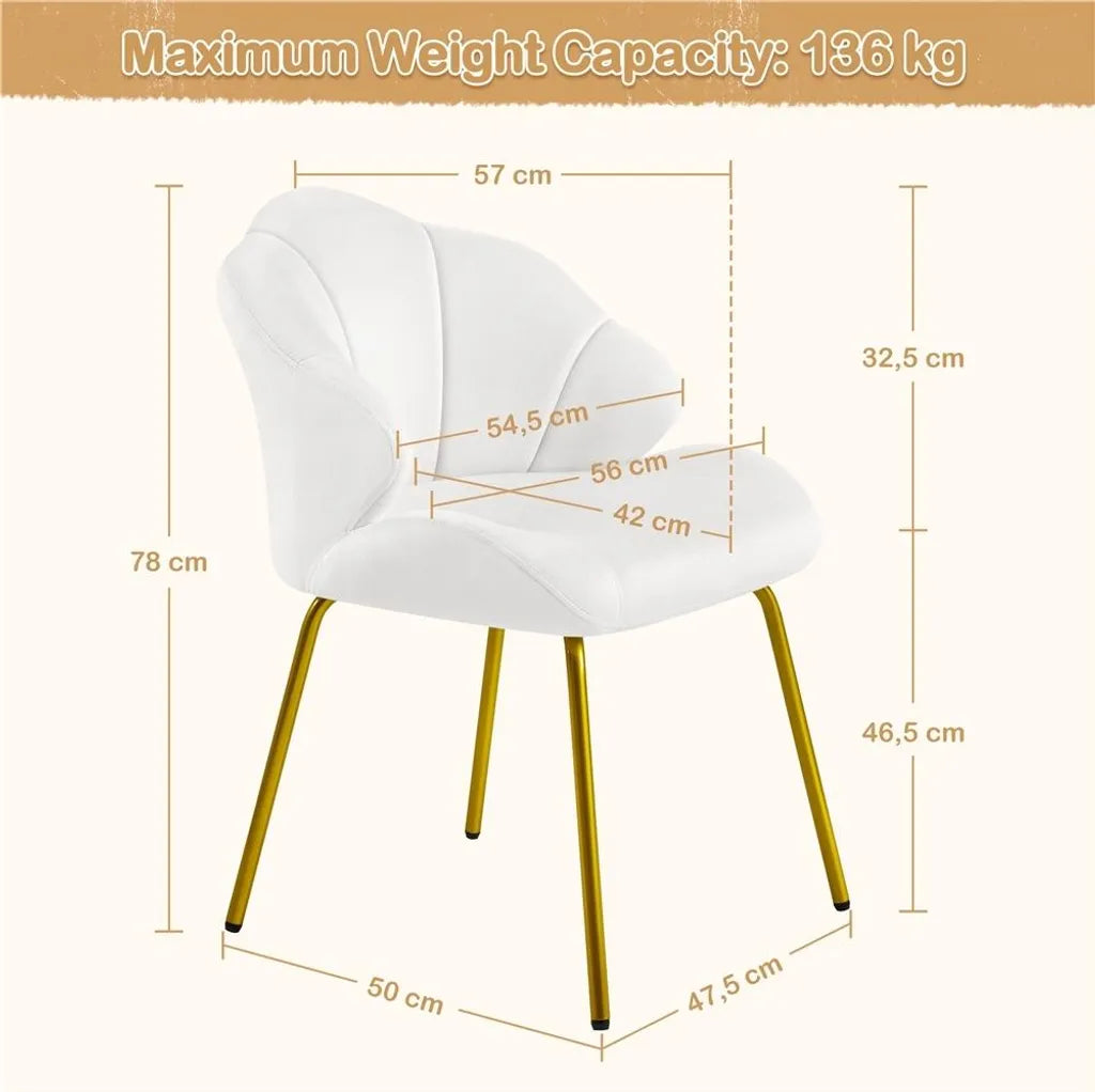 Chaise de salle à manger Yaheetech 56 x 57 x 78 cm - Blanche - Chaise rembourrée en forme de coquillage avec pieds en métal