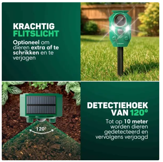 Vulpes Goods® - Cat Dispatcher Premium - 5 x 9 x 14 cm - 5 modes de fonctionnement, capteur PIR, flashs LED et énergie solaire - pour le jardin et le balcon - plastique vert