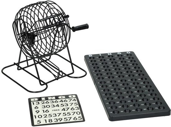 Machine à bingo noire avec plateau de jeu, cartes de bingo et jetons