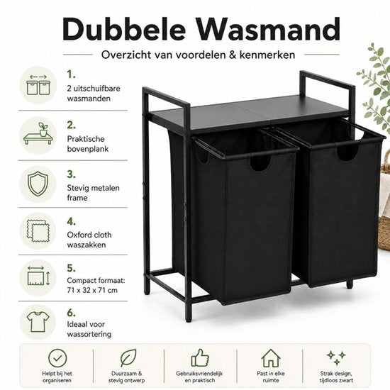 Panier à linge double Ceruzo – Extensible – Tri du linge – Noir